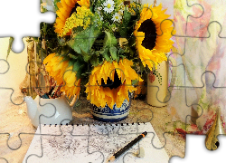 Wazon, Słoneczniki, Kwiaty, Notes, Ołówek, Stół