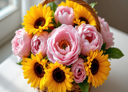 Bukiet, Kwiaty, Słoneczniki, Piwonie, Ròżowe, Koszyk