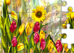 Kwiaty, Tulipany, Słoneczniki, Grafika