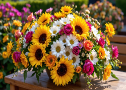 Kwiaty, Słoneczniki, Róże, Stokrotki, Bukiet, Wazon, Stół