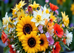 Kwiaty, Słoneczniki, Maki, Narcyzy, Kolorowy, Bukiet