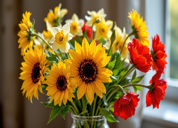 Bukiet kwiatów, Maki, Słoneczniki, Narcyzy