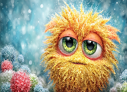 Śmieszny, Stworek, Duże, Zielone, Oczy, Żółta, Czupryna, Grafika AI Śmieszne