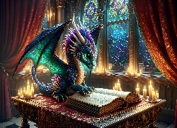 Smok, Książka, Świece, Okno, Fantasy