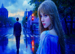 Kobieta, Mężczyzna, Deszcz, Ulica, Grafika