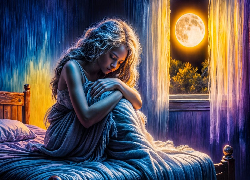 Noc, Dziewczyna, Łóżko, Księżyc Reprodukcja obrazu
