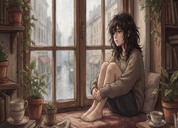 Anime, Smutna, Dziewczyna, Smutek, Okno, Deszcz, Kwiaty, Doniczki