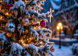 Boże Narodzenie, Choinka, Śnieg, Sople, Grafika AI