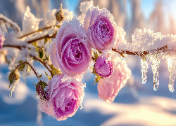 Ośnieżone, Kwiaty, Róże, Lód, Grafika AI