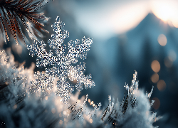 Śnieżynka, Gałązki, Sosna, Śnieg, Zima, Grafika AI