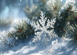 Śnieżynka, Sosna, Śnieg, Zima, Grafika AI