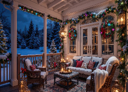 Boże Narodzenie, Taras, Fotele, Stolik, Sofa, Girlandy, Lampiony
