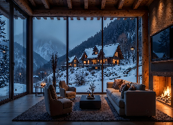 Zima, Dom, Kominek, Salon, Sofa, Fotele, Okno