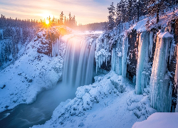 Zima, Zachód słońca, Skały, Wodospad, Rzeka, Drzewa, Śnieg