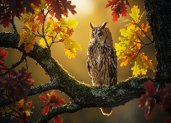 Ptak, Sowa uszata, Drzewo, Dąb, Gałązka, Kolorowe, Liście, Jesień Sowa Uszata