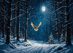 Zima, Drzewa, Las, Sowa, Noc, Księżyc, Droga