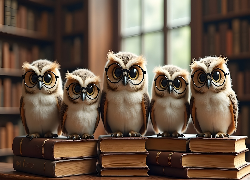 Książki, Sowy, Okulary, AI