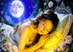 Dziewczyna, Śpiąca, Księżyc, Światło, Kwiaty, AI