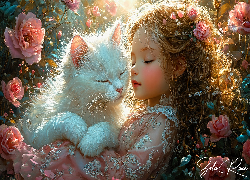 Śpiąca, Dziewczynka, Biały, Kot, Kwiaty, Grafika AI