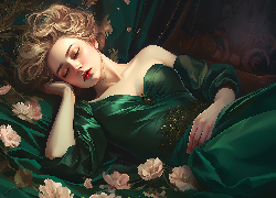 Śpiąca, Kobieta, Zielona, Suknia, Grafika
