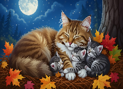 Koty, Trzy, Małe, Kotki, Liście, Noc, 2D