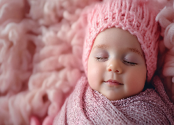 Śpiące, Dziecko, Niemowlę, Różowa, Czapka, Szal