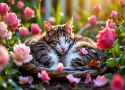 Ogród, Kot, Sen, Kwiaty, Róże, AI