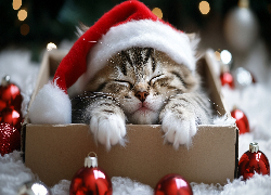 Mały, Szary, Kot, Czapka, Mikołaja, Pudełko, Bombki