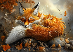 Grafika, Śpiący, Lis, Rudy, Liście, Jesienne