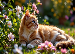 Kot, Rudy, Leżący, Kwiaty, Spojrzenie