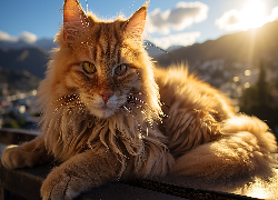 Rudy, Kot, Spojrzenie, Góry, Słońce, Grafika AI