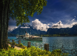 Szwajcaria, Jezioro Thunersee, Statek, Góry