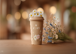 Kubek, Kawa, Kwiaty, Stokrotki, Bukiet, Grafika AI