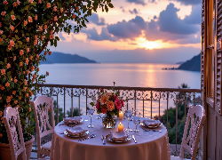 Dom, Balkon, Morze, Stół, Bukiet kwiatów, Krzesła