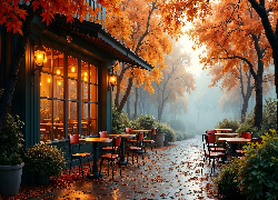 Jesień, Drzewa, Restauracja, Stoliki, Latarnie