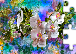 Kwiaty, Storczyki, Liście, Grafika, Kolorowe tło