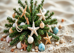 Grafika, AI, Boże Narodzenie, Stroik, Bombki, Rozgwiazdy, Plaża, Piasek