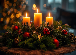 Stroik, Trzy, Świece, Gałązki, Świerk, Bombki, Gwiazdy, Szyszki, Światło, Świąteczne