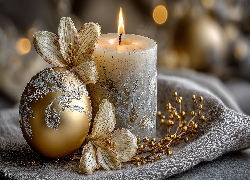 Boże Narodzenie, Złota, Bombka, Świeca, Kwiaty, Stroik, Grafika AI