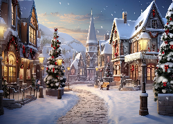 Zima, Boże Narodzenie, Ulica, Domy, Choinki