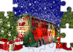 Świąteczny, Autobus, Drzewa, Choinka, Prezenty, Grafika