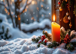 Świąteczny, Stroik, Świeca, Gałązki, Śnieg