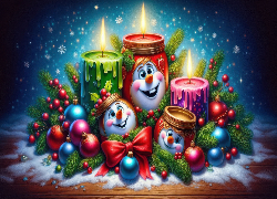 Świąteczny, Stroik, Świece, Kolorowe, Bombki, Gałązki, Śnieg