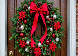 Boże Narodzenie, Wianek, Gałązki, Kwiaty, Czerwone, Bombki, Wstążka, AI