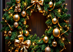 Świąteczny, Wianek, Bombki, Złote, Kokardy, Boże Narodzenie, Grafika AI