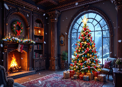 Zima, Salon, Kominek, Wieniec, Regał, Książki, Prezenty, Udekorowana, Choinka, Okno, Boże Narodzenie, AI