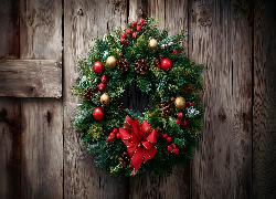 Boże Narodzenie, Wianek, Świąteczny, Bombki, Kokarda, Czerwona, Deski