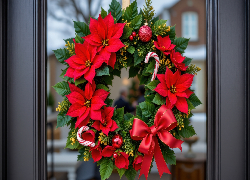 Boże Narodzenie, Wianek, Kwiaty, Gwiazda betlejemska, Bombki, Drzwi