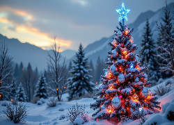 Zima, Ośnieżone, Drzewa, Góry, Choinka, Śnieg, Boże Narodzenie, AI