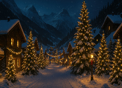Boże Narodzenie, Góry, Domy, Droga, Choinki, Zima